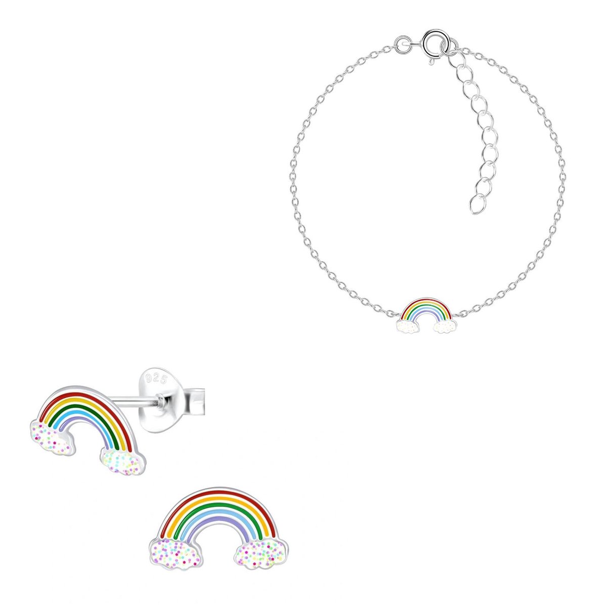 Zilveren regenboog kinderoorbellen en armband | regenboog oorknopjes Meisje Zilver | kinderarmband regenboog | kindersetje oorstekers armband | Zilverana | Sterling 925 Silver