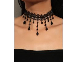 Choker zwart kant kunststof steentjes