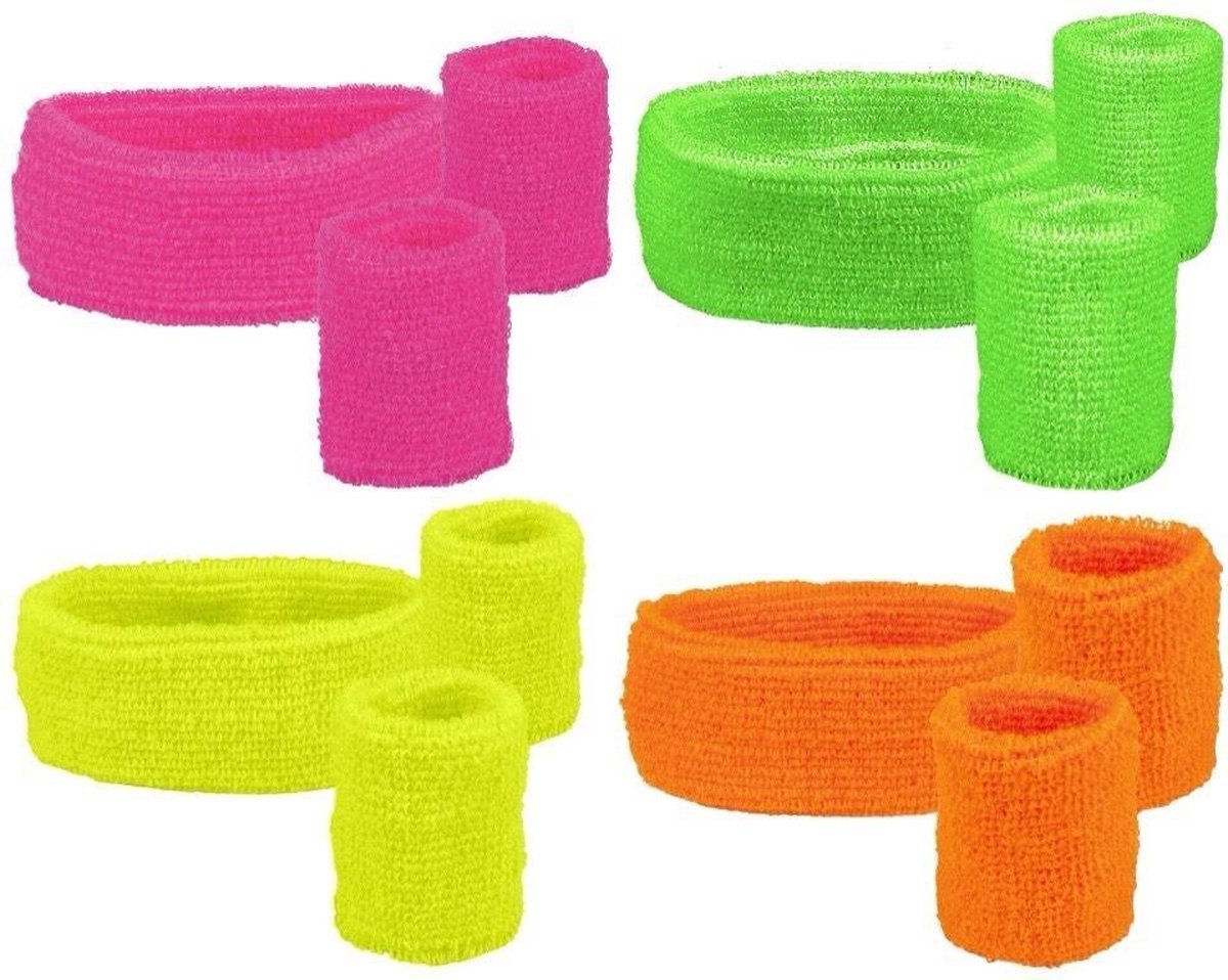 4 Sets zweetbandjes - 2 polsbandjes, 1 hoofdband - neon pink, neon oranje, neon geel en neon groen.