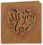 All you need is love - Kraft - Wenskaart - Handlettering - Duurzaam papier - Liefde - Dubbele kaart - Vierkant - Love - Valentijn - Valentijnsdag - Ik hou van jou - Hart - Love - Verliefd