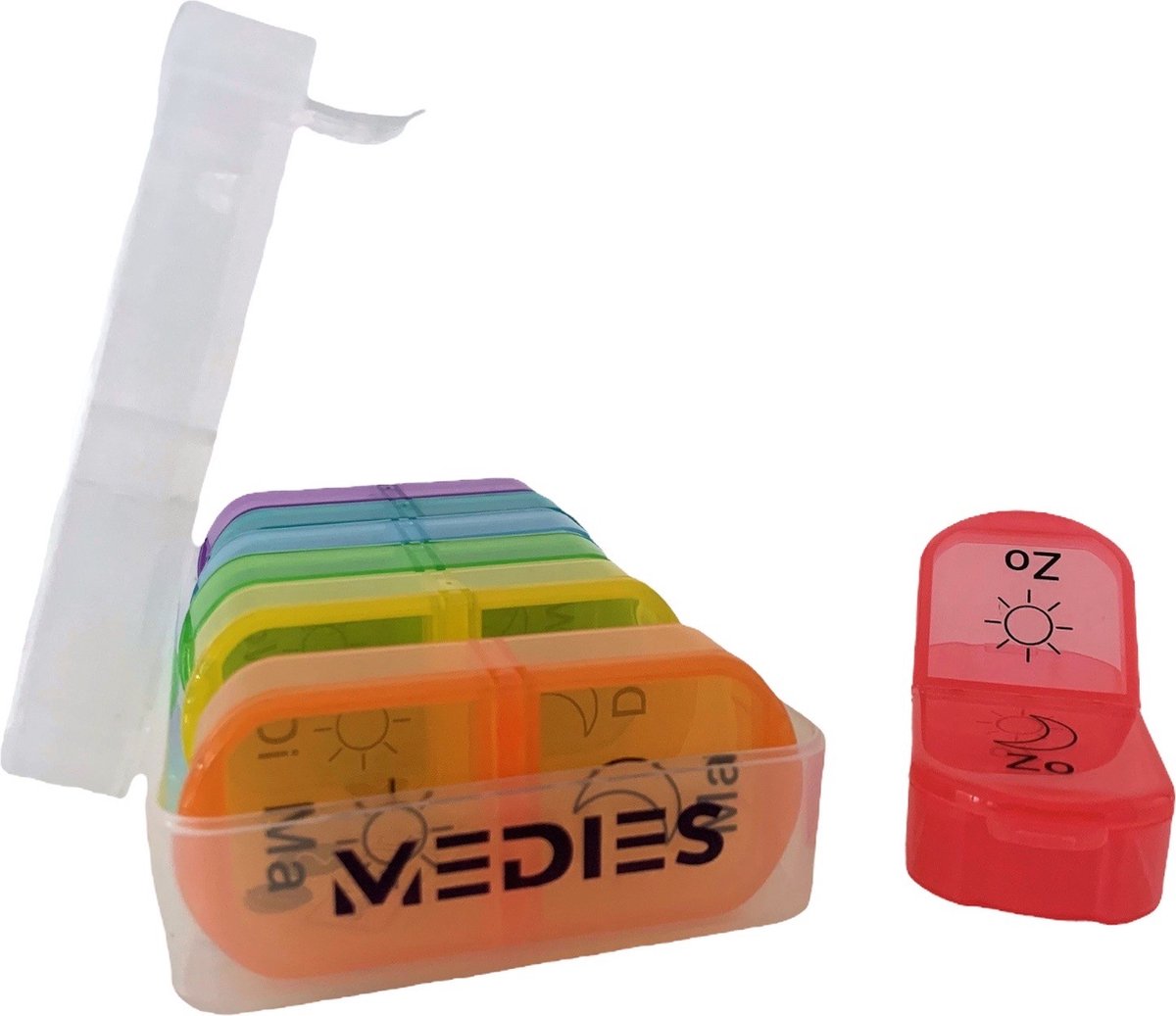 Medies - Pillendoos 7 dagen 2 vakken - 7 Multicolor Pillendoosjes met doorzichtige opbergdoos - Sterke vergrendeling - Nederlandstalig
