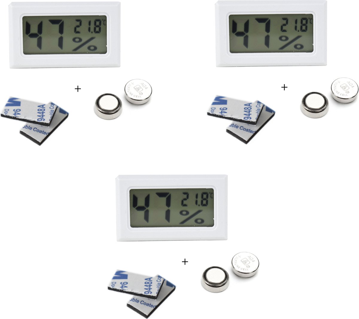 Tool Meister TM1 – Hygrometer & Thermometer - Binnen/Buiten/Koelkast – Digitaal - Wit 3 stuks - Incl batterijen