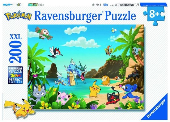 Ravensburger XXL 200-delige Pokémon puzzel met een tropische scène met Pikachu, Gyarados en vele andere Pokémon.