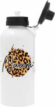 Drinkfles RVS 400 ml met naam kind-zwart-wit-luipaard print