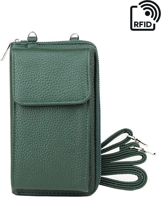 Portemonnee tasje met schouderband groen -telefoontasje dames anti-skim RFID - schoudertas - clutch - festival tas - Portemonnee voor mobiel