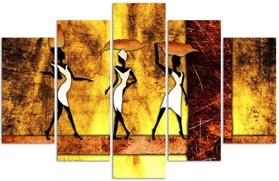 Trend24 - Canvas Schilderij - Afrikaanse Vrouwen - Vijfluik - Oosters - 100x70x2 cm - Bruin