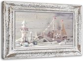 Trend24 - Peinture Sur Toile - Souvenirs Au Bord De La Mer Dans Un Cadre En Bois Shabby Chic - Peintures - Nature Morte - 60x40x2 cm - Beige