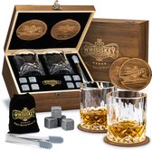 Whisiskey Luxe Whiskey Set - Incl. 2 Whiskey Glazen, 8 Whiskey Stones, 2 Onderzetters, Fluwelen Opbergzak, Opbergbox - Whisky Geschenkdoos - Glas - Herbruikbare IJsblokjes - Whiskey Stenen Voor Glazen - Peaky Blinders - Cadeau voor Man & Vrouw