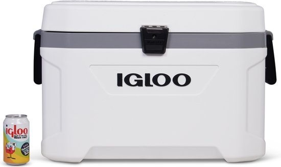 Witte Igloo koelbox met zwarte handgrepen en een blikje ernaast.