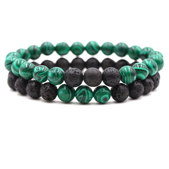 Bixorp Gems Double Bracelets en Pierre Naturelle avec Perles pour Homme & Femme - Contraste Vert/ Zwart - Cadeau Bijoux en Pierres Précieuses - 20cm