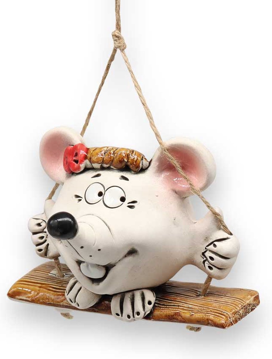 MadDeco - tuindecoratie - boomhanger - muis op schommel - handgemaakt product uit Oekraïne - keramiek