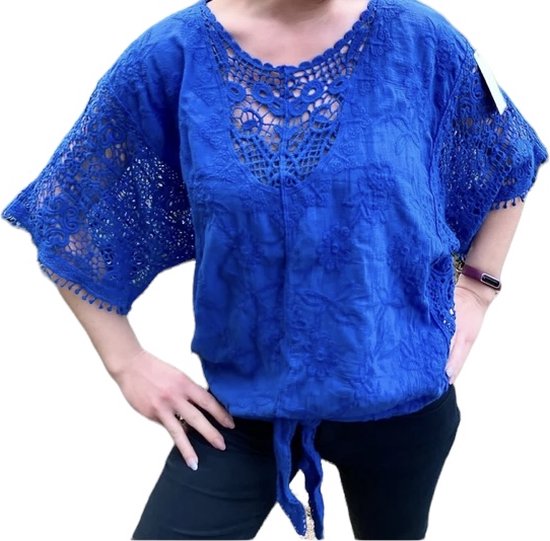 Blouse, kant, kobaltblauw, one size