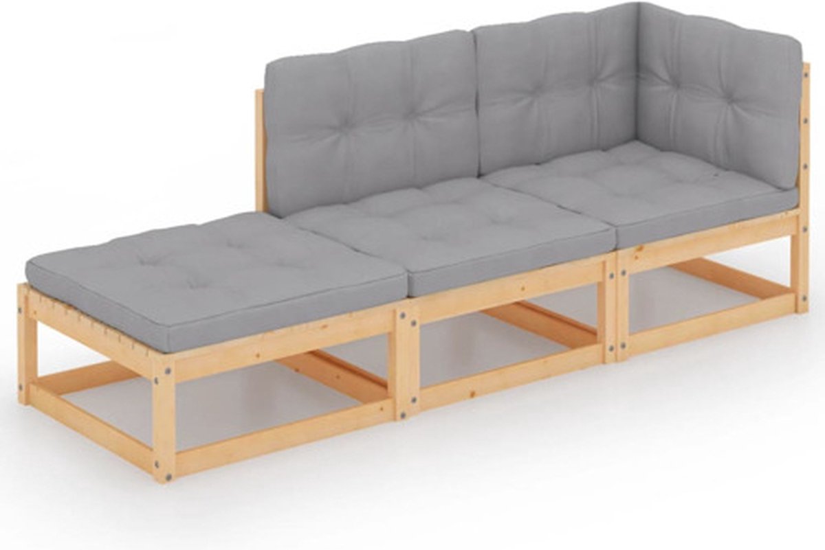 vidaXL 3-delige Loungeset met kussens massief grenenhout