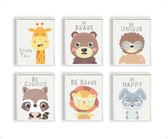 Poster Set 6 Dieren giraf beer egel wasbeer leeuw konijn met blije tekst - Dieren motivatie (kopie) / Jungle / Safari / 30x21cm