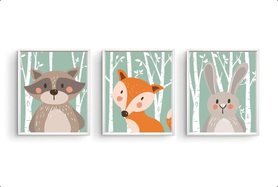 Poster Set 3 Wasbeer konijn vos in het bos / Dieren / 80x60cm