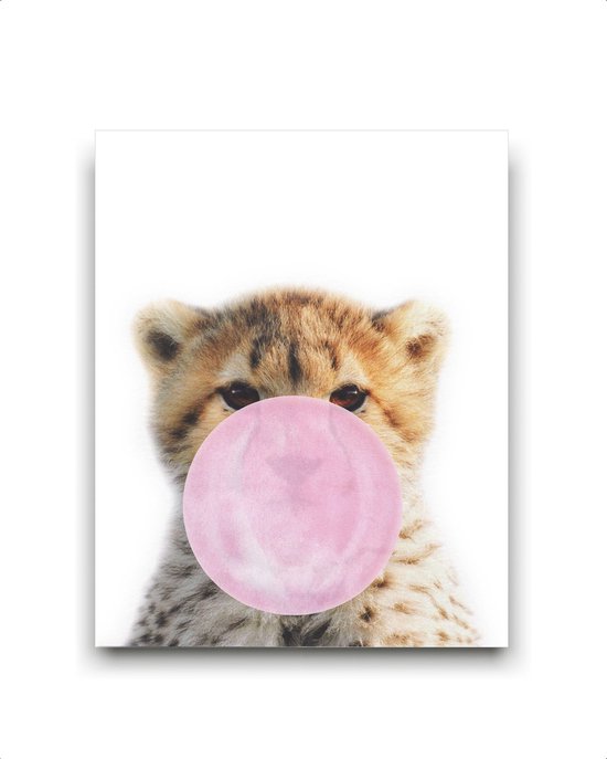 Schilderij  Jungle cheeta met roze kauwgom - Jungle dieren / Kauwgombel / 40x30cm