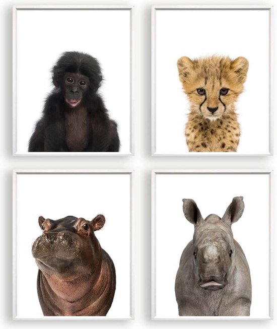 Poster Set 4 Jungle / Safari Baby Aapje Cheeta Nijlpaard Neushoorn - 80x60cm - Baby / Kinderkamer - Dieren Poster - Muurdecoratie