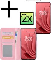 Hoes Geschikt voor OnePlus 10 Pro Hoesje Book Case Hoes Flip Cover Wallet Bookcase Met 2x Screenprotector - Lichtroze.