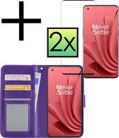 Hoes Geschikt voor OnePlus 10 Pro Hoesje Book Case Hoes Flip Cover Wallet Bookcase Met 2x Screenprotector - Paars