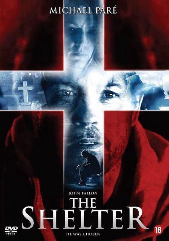DVD hoes "The Shelter" met Michael Paré, een kruisvormige afbeelding met gezichten en een zittend figuur.