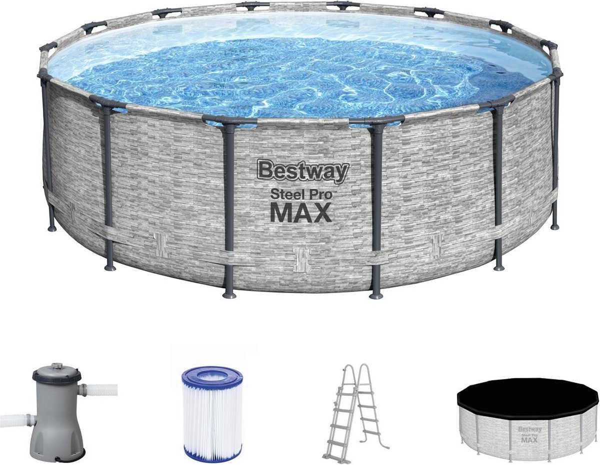 Bestway - Steel Pro MAX - Opzetzwembad inclusief filterpomp en accessoires- 427x122 cm - Steenprint - Rond