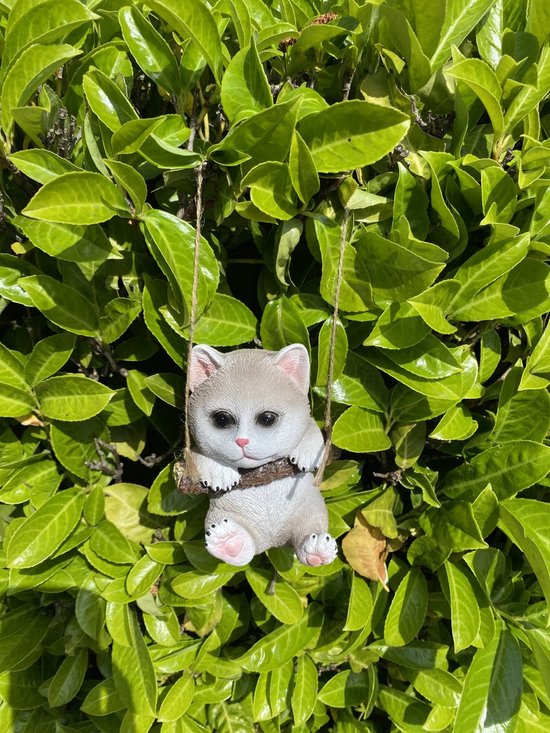Polyresin hangend (tuin) dier "kat" - grijs - hoogte 15x10x8 cm - ophangtouw - Voor binnen of buiten - Tuinaccessoires - Woonaccessoires