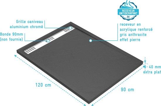 Receveur de douche Aurlane 120x90cm - gris acrylique renforcé effet pierre - antidérapant - METEORA RECTANGLE LINEAR 120-90