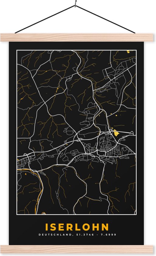 Porte-affiche avec affiche - Affiche scolaire - Iserlohn - Or - Plan de la ville - Carte - Carte - Allemagne - 60x90 cm - Lattes blanches
