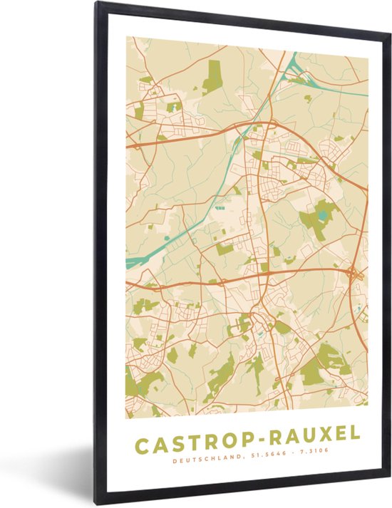Fotolijst incl. Poster - Plattegrond - Castrop-Rauxel - Kaart - Stadskaart - Vintage - 60x90 cm - Posterlijst