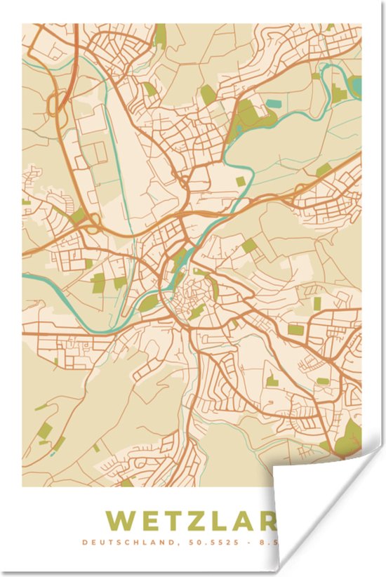 Poster Kaart - Wetzlar - Vintage - Plattegrond - Stadskaart - 80x120 cm