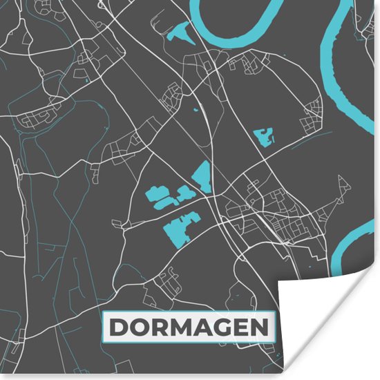 Poster Kaart – Plattegrond – Stadskaart – Dormagen – Duitsland – Blauw - 100x100 cm XXL