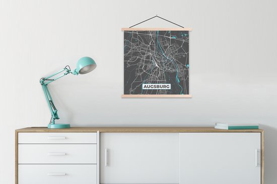 Porte-affiche avec affiche - Affiche scolaire - Plan de la ville - Carte - Allemagne - Blauw - Augsbourg - Carte - 90x90 cm - lattes vierges