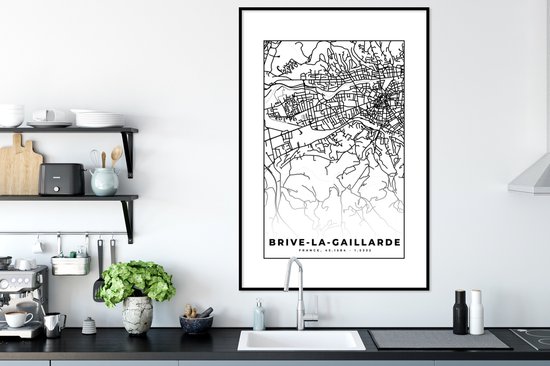 Fotolijst incl. Poster Zwart Wit- Kaart - Brive-la-Gaillarde - Plattegrond - Frankrijk - Stadskaart - Zwart wit - 80x120 cm - Posterlijst