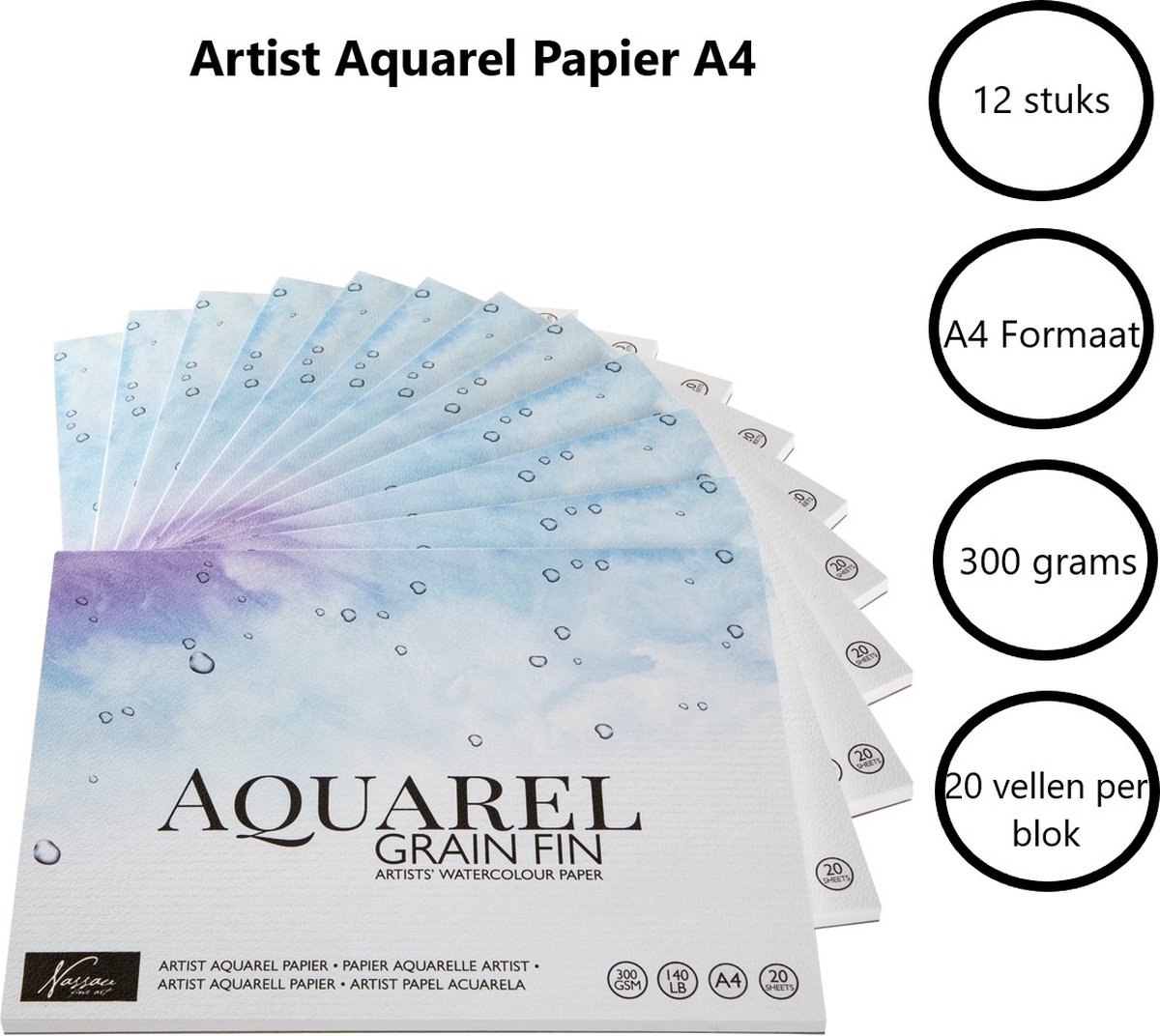 Nassau Fine Art Multipack | 12x Aquarelblok A4 | 300gr | 20vel | A4 Formaat 21x29,7cm| Aquarelpapier verf