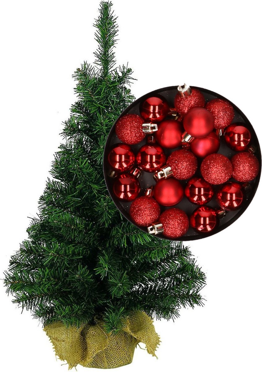 Mini kerstboom/kunst kerstboom H35 cm inclusief kerstballen rood - Kerstversiering