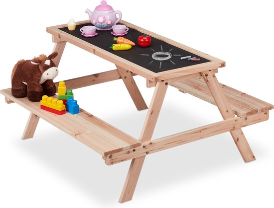 Relaxdays picknicktafel kinderen - houten speeltafel krijtbord - kindertafel buiten - Relaxdays