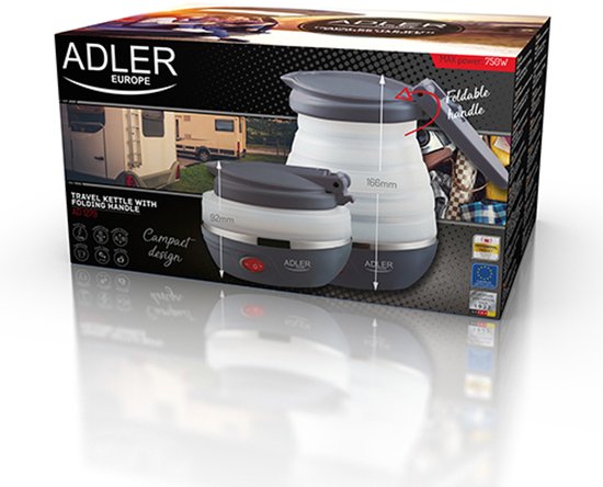 Verpakking van de Adler reis waterkoker met opvouwbare handgreep, vermelding 750W en afmetingen.