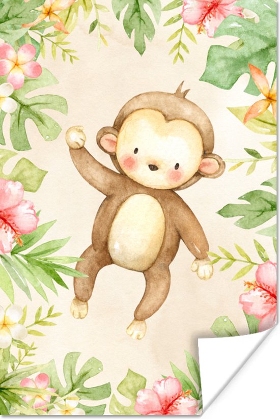 Poster Singe - Fleurs - Plantes - Jungle - 80x120 cm