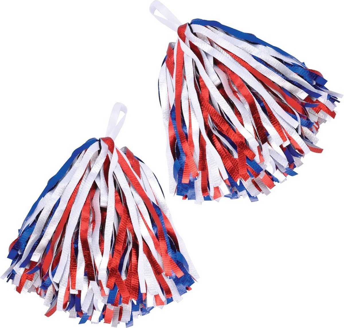 Cheerballs/Pompoms - 4x - rood/wit/blauw - polyester - Cheerleaders - Cheerleaders verkleed accessoires