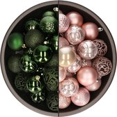 Bellatio Decorations Kerstballen mix - 74-delig - donkergroen en lichtroze - 6 cm - kunststof
