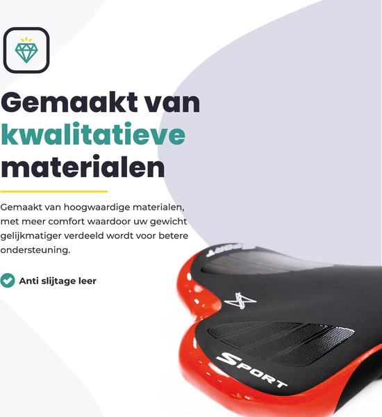 Zwart fietszadel met rode accenten, "SPORT" tekst, gemaakt van kwalitatieve materialen, anti-slijtage leer.