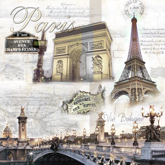 Poster / Papier - Stad / Parijs - Collage Paris in beige / wit / zwart / creme - 60 x 60 cm