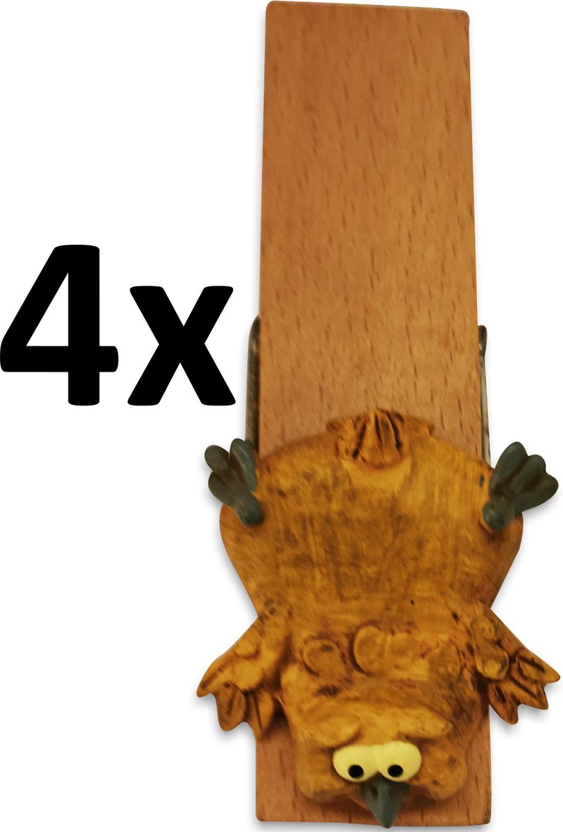 Paolo Chiari - set van 4 - papierklem - memohouder - grote wasknijper met uil -polystone plus hout - Italiaans design - handwerk