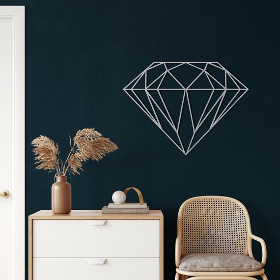 Wanddecoratie | Geometrische Diamant / Geometric Diamond | Metal - Wall Art | Muurdecoratie | Woonkamer |Zilver| 46x33cm