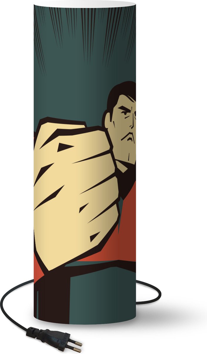 Lamp Superman illustratie - illustratie van superheld met opgeheven vuist - 70 cm hoog - Ø22 cm - Inclusief LED lamp