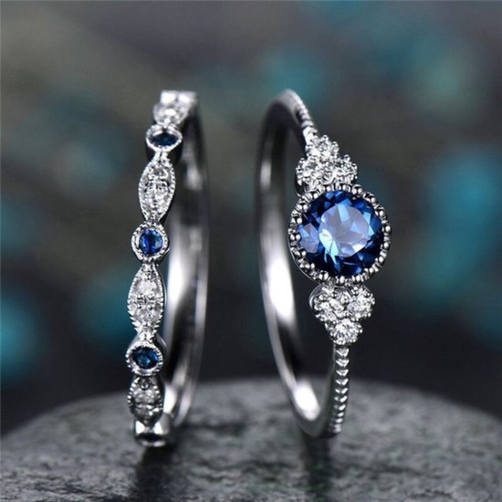 Ring blauwe steen (set) - Met edelsteen - Ring met steen dames - Ring maat 19 zilver kleurig staal - Maat 59 ring dames ringen set van 2 - Blauw