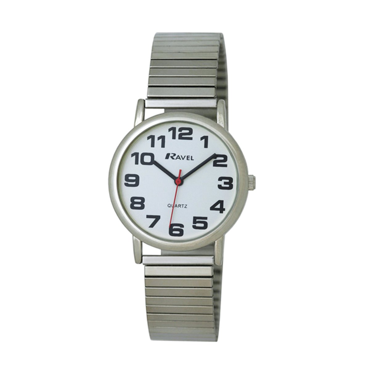 Ravel - heren gemakkelijk te lezen roestvrijstalen expander armband horloge met grote getallen (36mm horlogekast) - Analoge Kwarts - R0208.02.1S - zilverkleurig / witte wijzerplaat