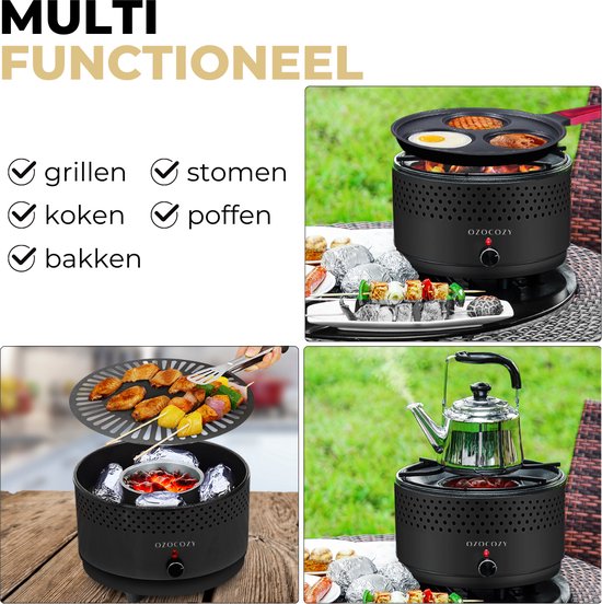 Ozocozy BBQ-ONE houtskool tafelbarbecue - Ø30 cm- Zwart - Incl. draagtas, siliconen bakkwast en RVS-Barbecuetang - Ozocozy