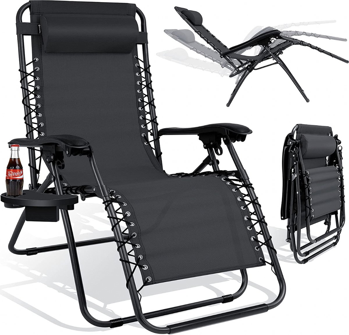 KESSER® - Ligstoel met bekerhouder, verstelbare rugleuning, afneembaar hoofdkussen, inklapbaar, stalen frame, tuinstoel, hoge rugleuning, ergonomische tuinstoel, zwart