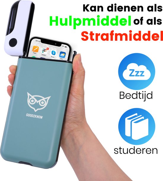 Groene telefoonkluis die wordt vastgehouden, met iPhone erin, en iconen voor bedtijd en studeren.